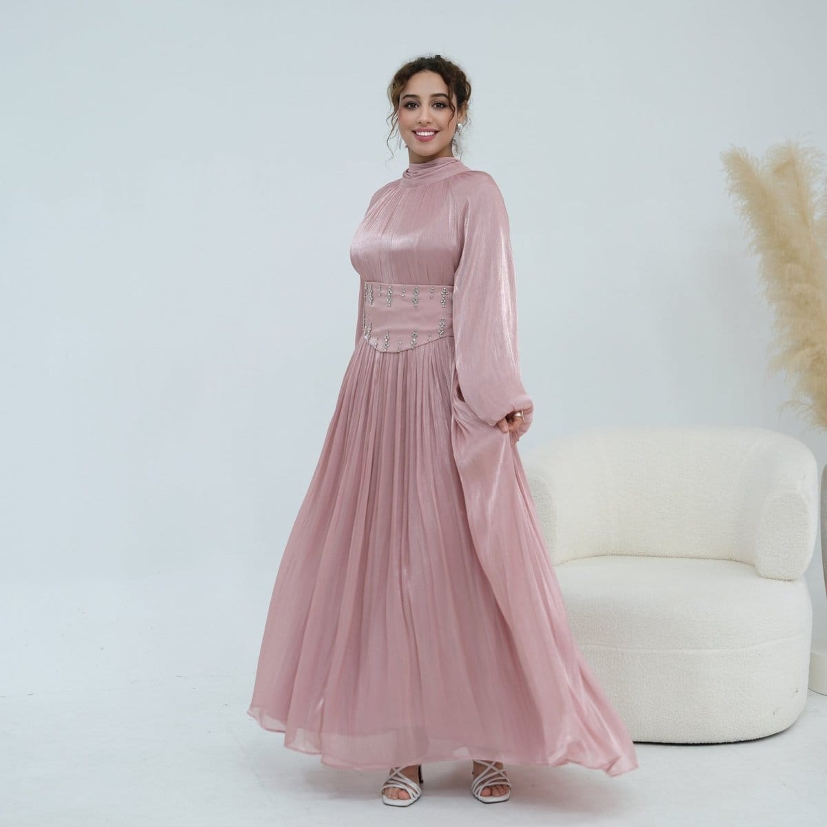 Crystal-Embellished Wide Belt Puff-Sleeve Maxi Dress(MS477) - A-1 Thread Vault