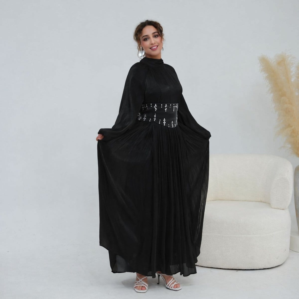 Crystal-Embellished Wide Belt Puff-Sleeve Maxi Dress(MS477) - A-1 Thread Vault