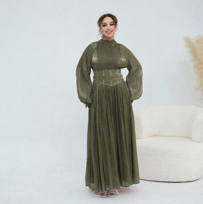 Crystal-Embellished Wide Belt Puff-Sleeve Maxi Dress(MS477) - A-1 Thread Vault