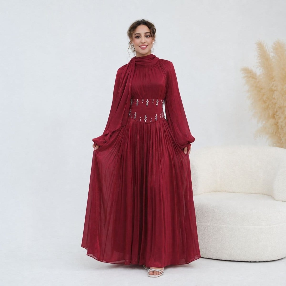 Crystal-Embellished Wide Belt Puff-Sleeve Maxi Dress(MS477) - A-1 Thread Vault