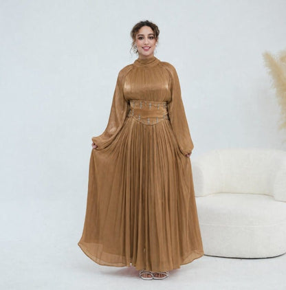 Crystal-Embellished Wide Belt Puff-Sleeve Maxi Dress(MS477) - A-1 Thread Vault