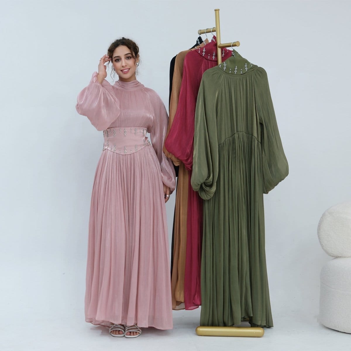 Crystal-Embellished Wide Belt Puff-Sleeve Maxi Dress(MS477) - A-1 Thread Vault
