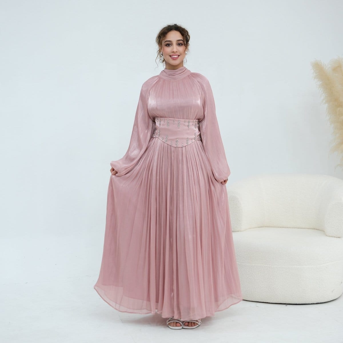 Crystal-Embellished Wide Belt Puff-Sleeve Maxi Dress(MS477) - A-1 Thread Vault