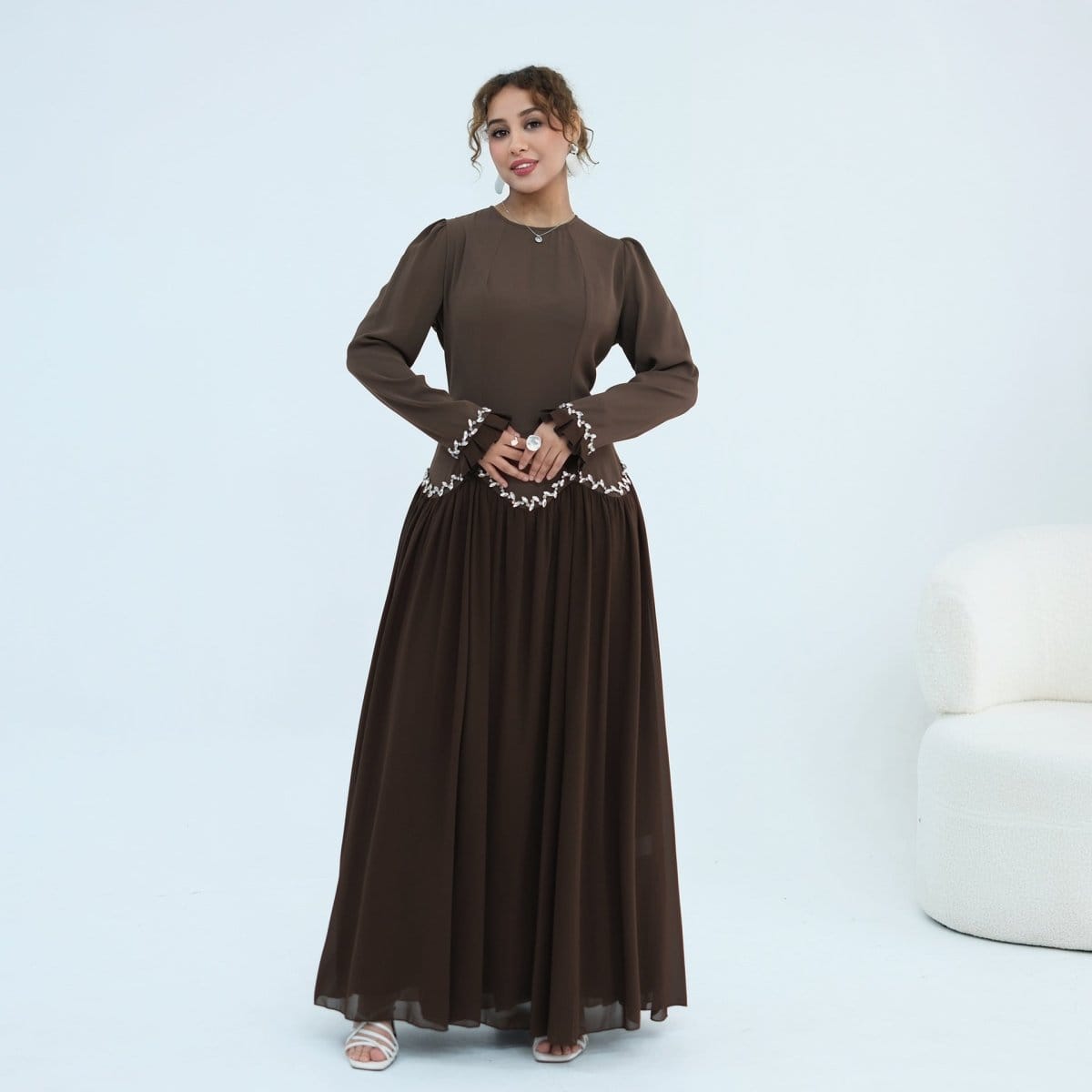 Crystal-Trim Ruffle Cuffs Maxi Dress(MS458) - A-1 Thread Vault