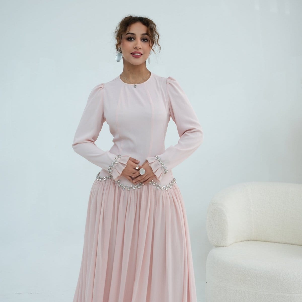 Crystal-Trim Ruffle Cuffs Maxi Dress(MS458) - A-1 Thread Vault