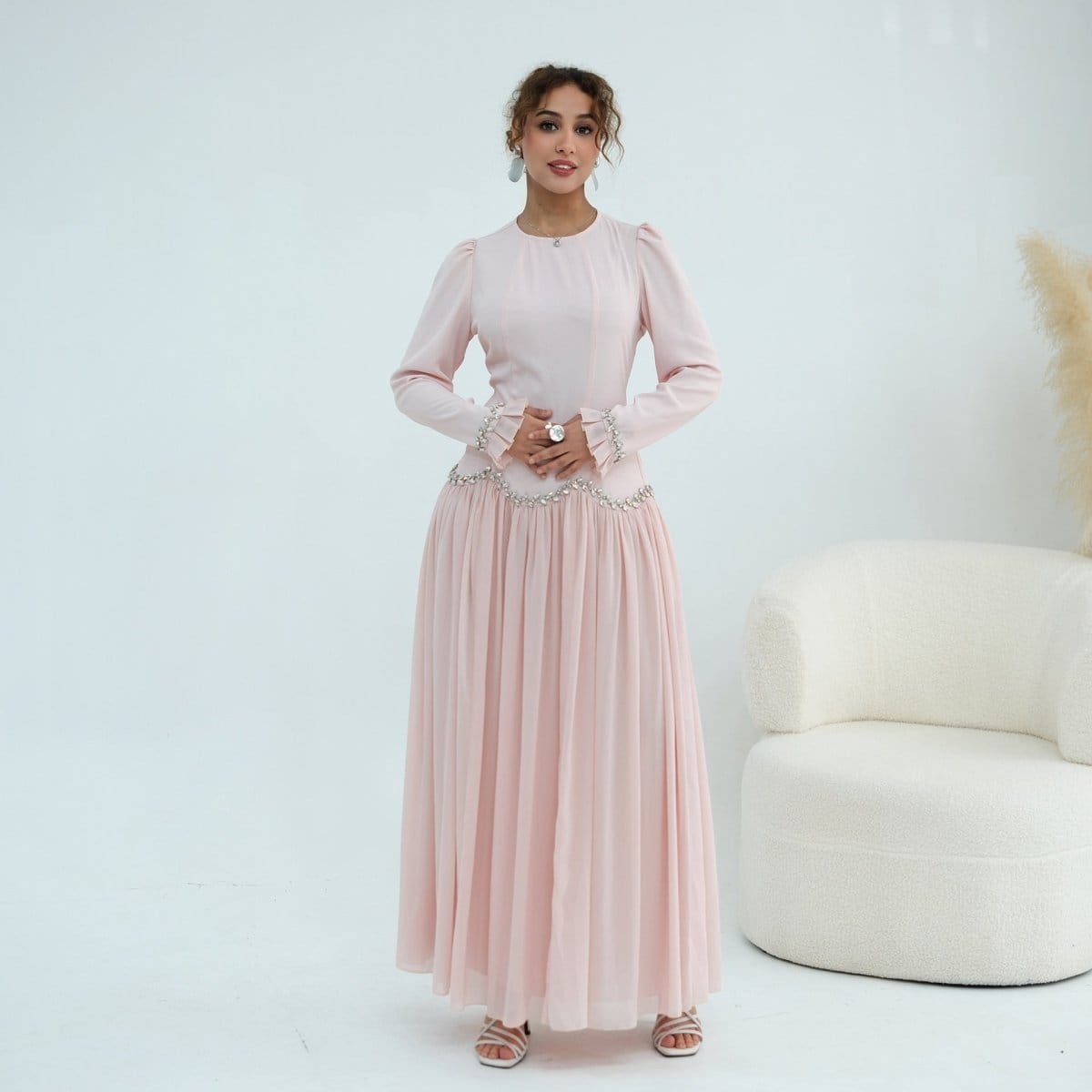 Crystal-Trim Ruffle Cuffs Maxi Dress(MS458) - A-1 Thread Vault
