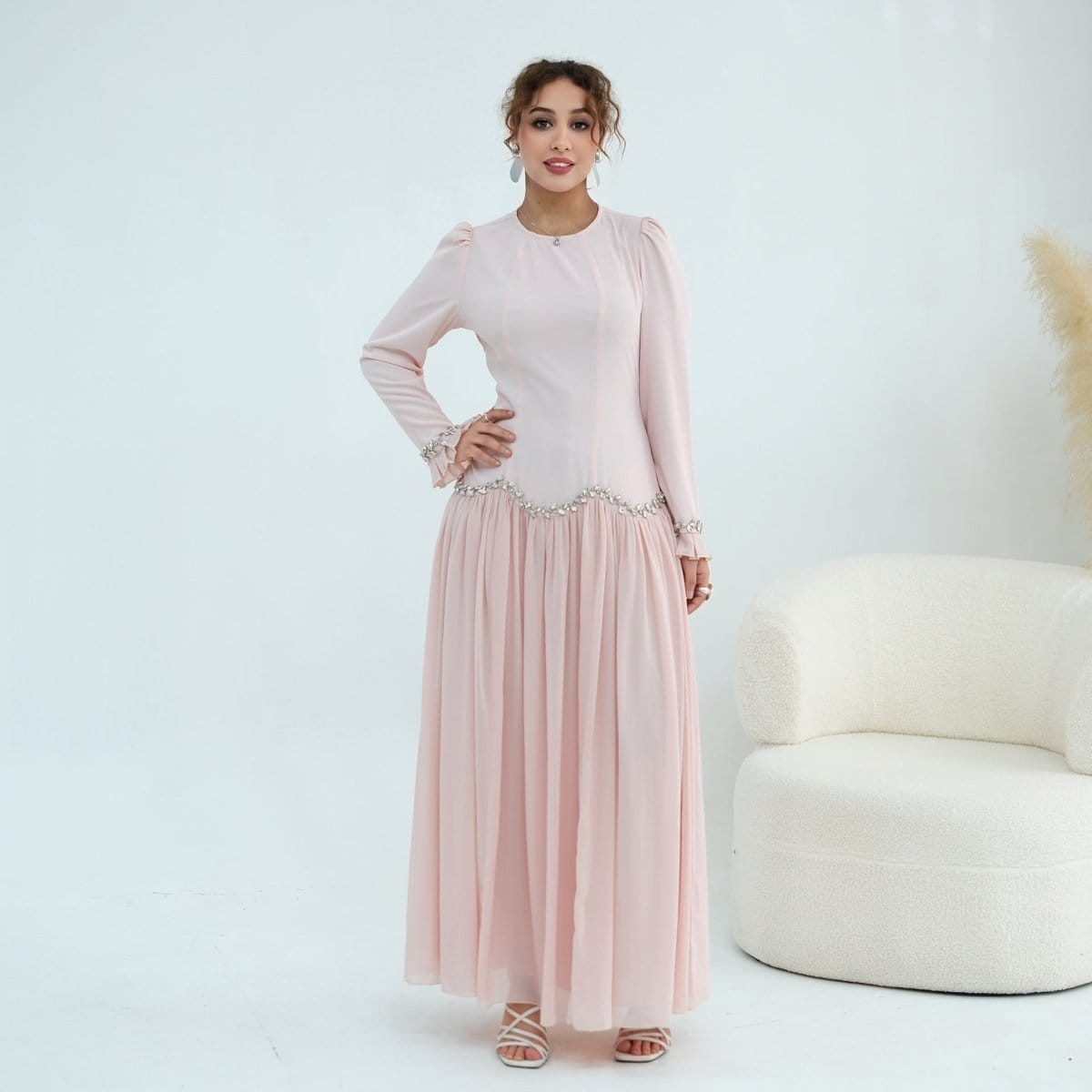 Crystal-Trim Ruffle Cuffs Maxi Dress(MS458) - A-1 Thread Vault
