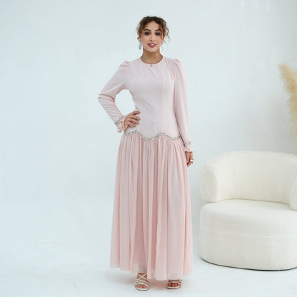 Crystal-Trim Ruffle Cuffs Maxi Dress(MS458) - A-1 Thread Vault