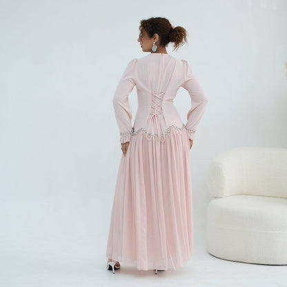 Crystal-Trim Ruffle Cuffs Maxi Dress(MS458) - A-1 Thread Vault