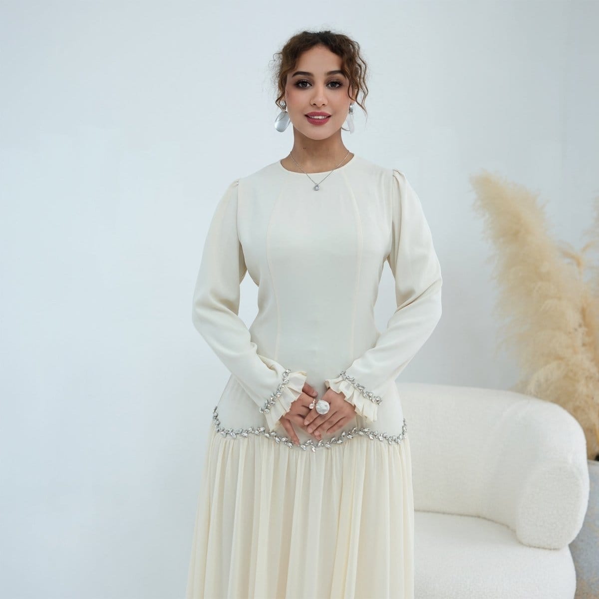 Crystal-Trim Ruffle Cuffs Maxi Dress(MS458) - A-1 Thread Vault