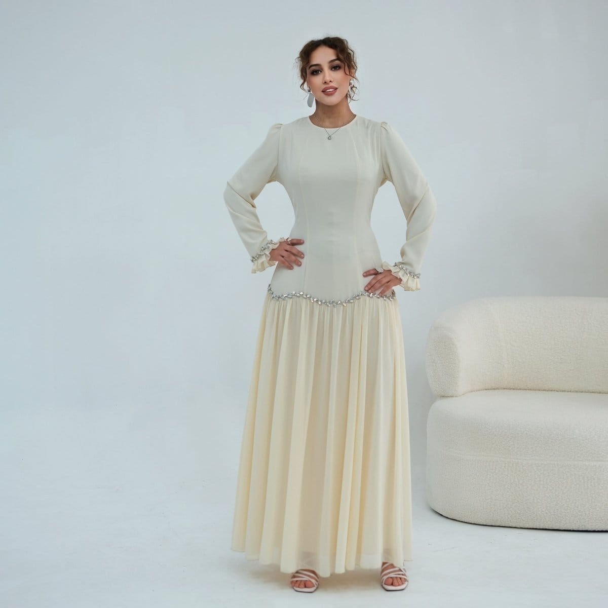 Crystal-Trim Ruffle Cuffs Maxi Dress(MS458) - A-1 Thread Vault