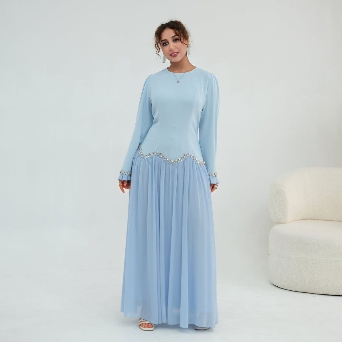 Crystal-Trim Ruffle Cuffs Maxi Dress(MS458) - A-1 Thread Vault
