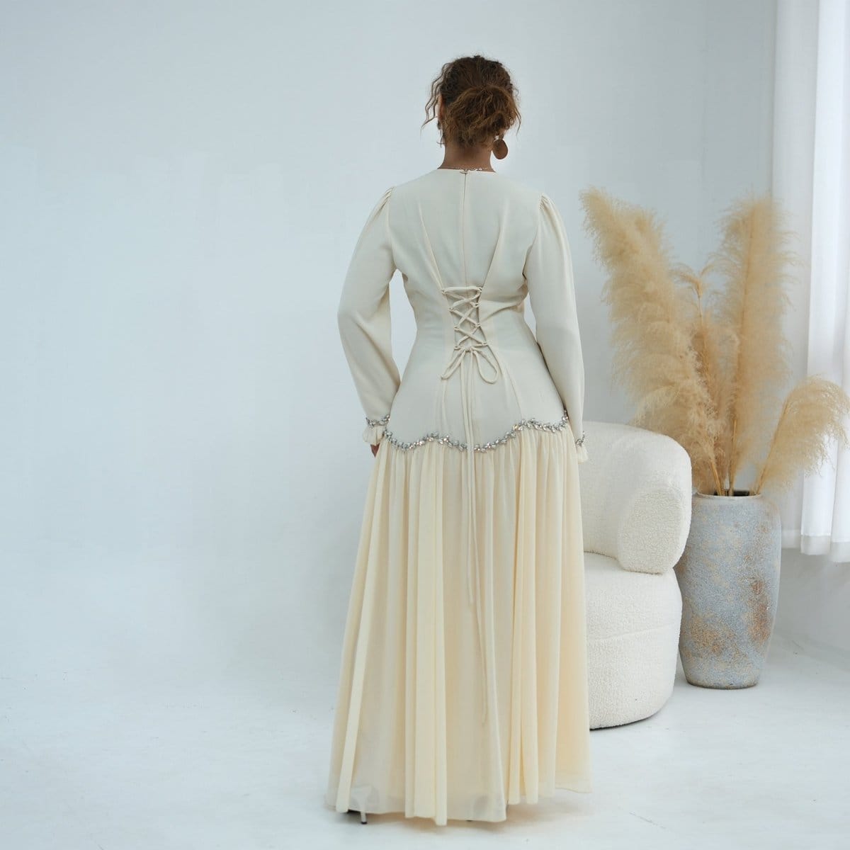 Crystal-Trim Ruffle Cuffs Maxi Dress(MS458) - A-1 Thread Vault