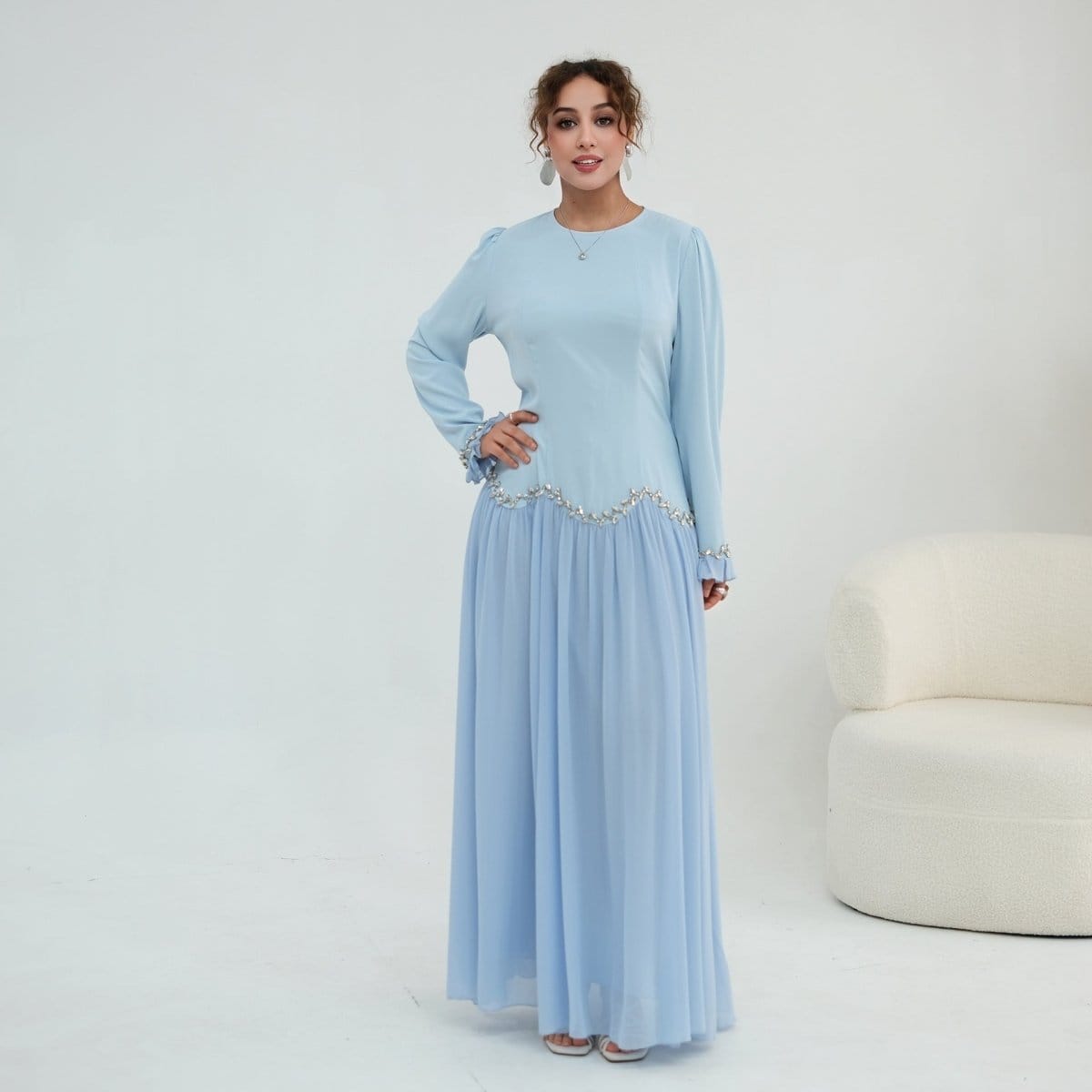 Crystal-Trim Ruffle Cuffs Maxi Dress(MS458) - A-1 Thread Vault