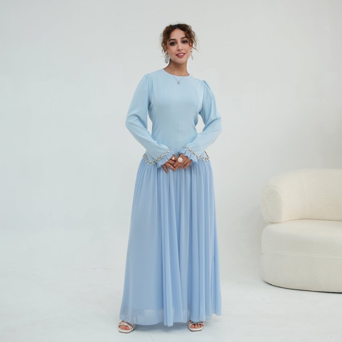 Crystal-Trim Ruffle Cuffs Maxi Dress(MS458) - A-1 Thread Vault