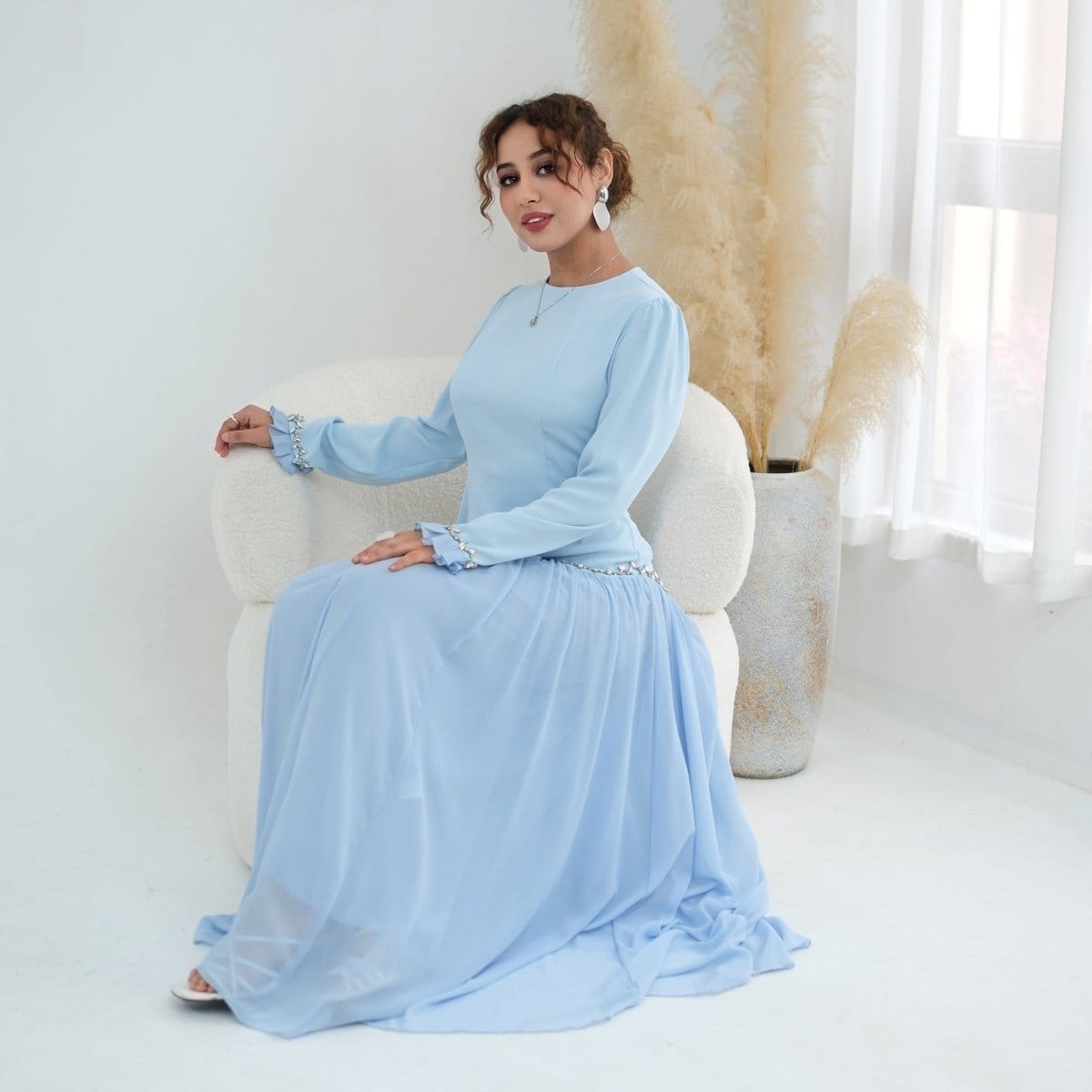 Crystal-Trim Ruffle Cuffs Maxi Dress(MS458) - A-1 Thread Vault