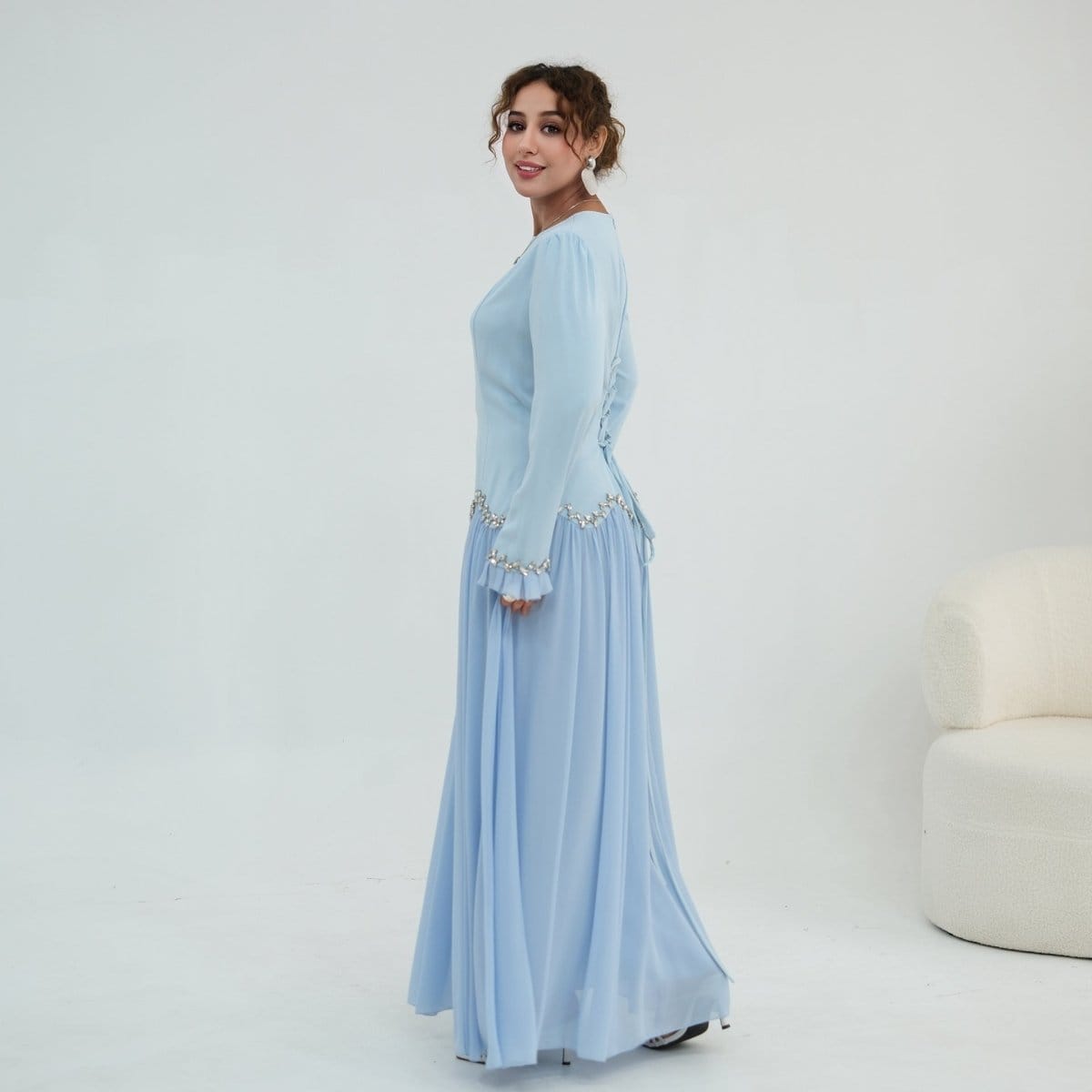 Crystal-Trim Ruffle Cuffs Maxi Dress(MS458) - A-1 Thread Vault