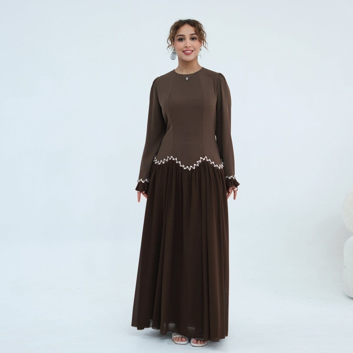 Crystal-Trim Ruffle Cuffs Maxi Dress(MS458) - A-1 Thread Vault