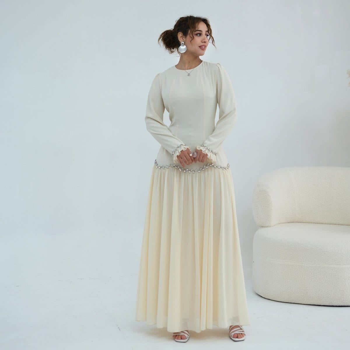 Crystal-Trim Ruffle Cuffs Maxi Dress(MS458) - A-1 Thread Vault