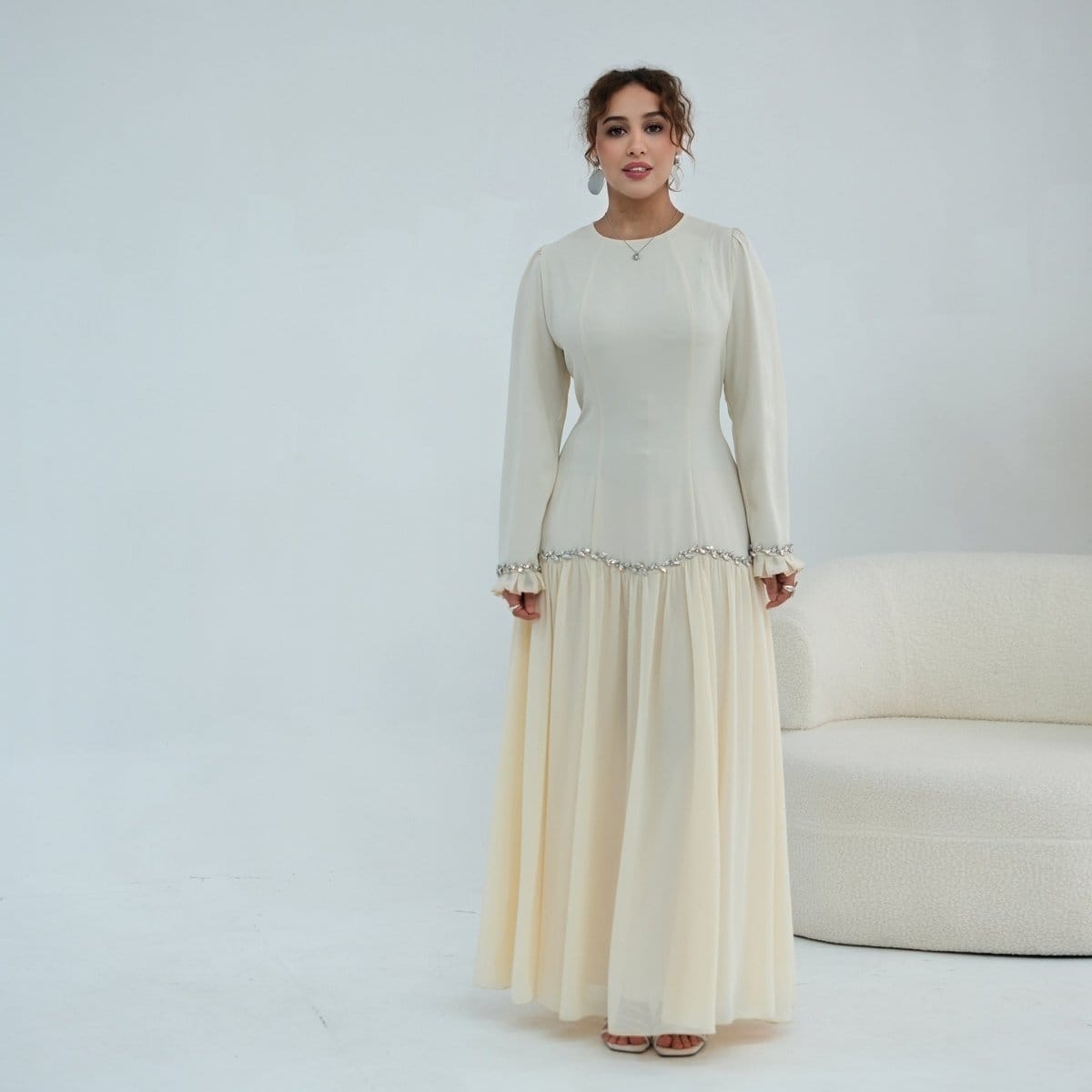 Crystal-Trim Ruffle Cuffs Maxi Dress(MS458) - A-1 Thread Vault
