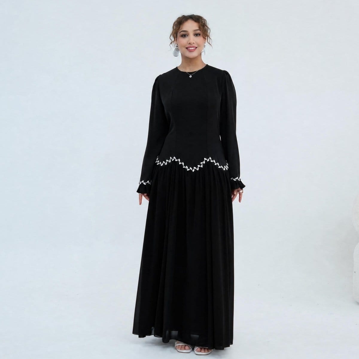 Crystal-Trim Ruffle Cuffs Maxi Dress(MS458) - A-1 Thread Vault