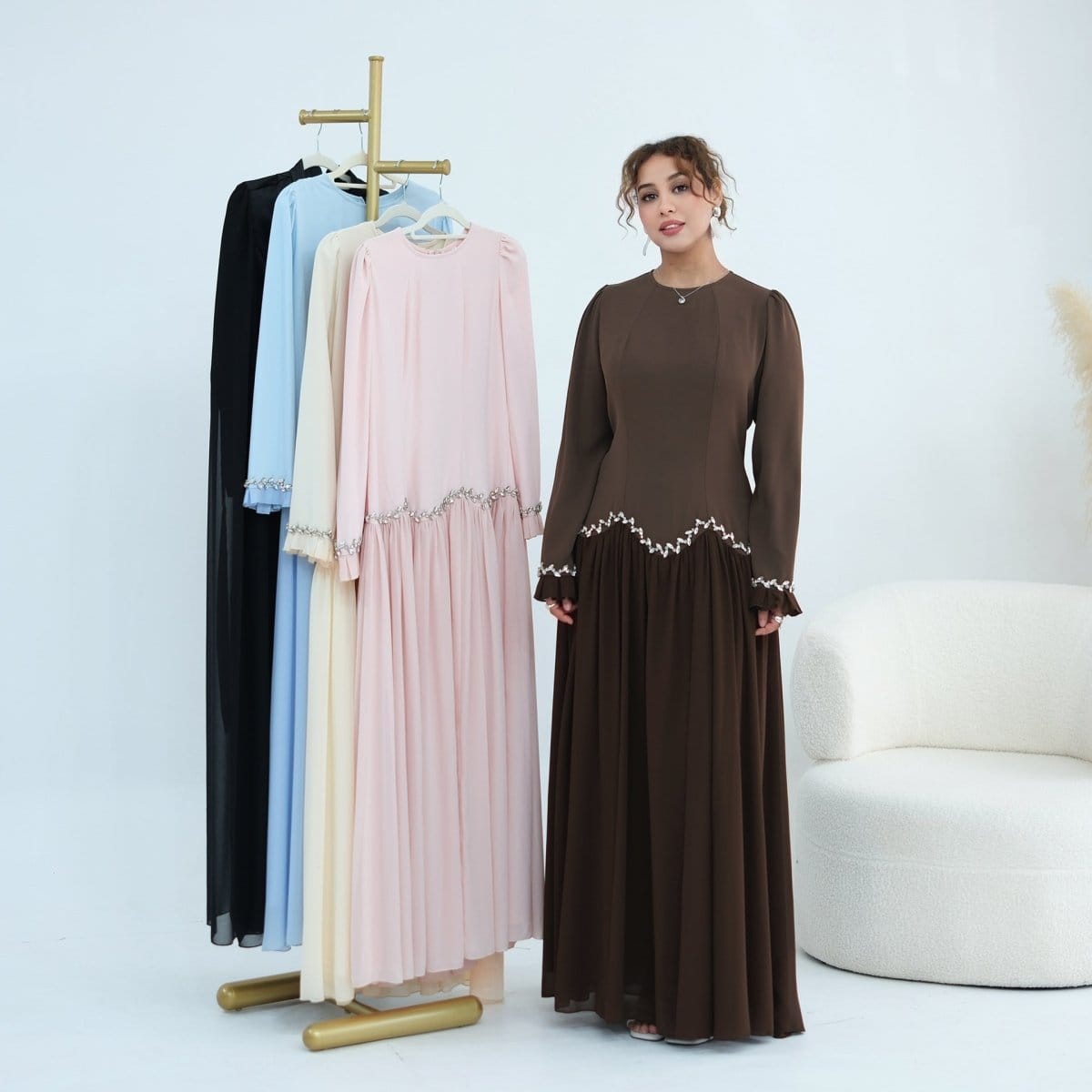 Crystal-Trim Ruffle Cuffs Maxi Dress(MS458) - A-1 Thread Vault