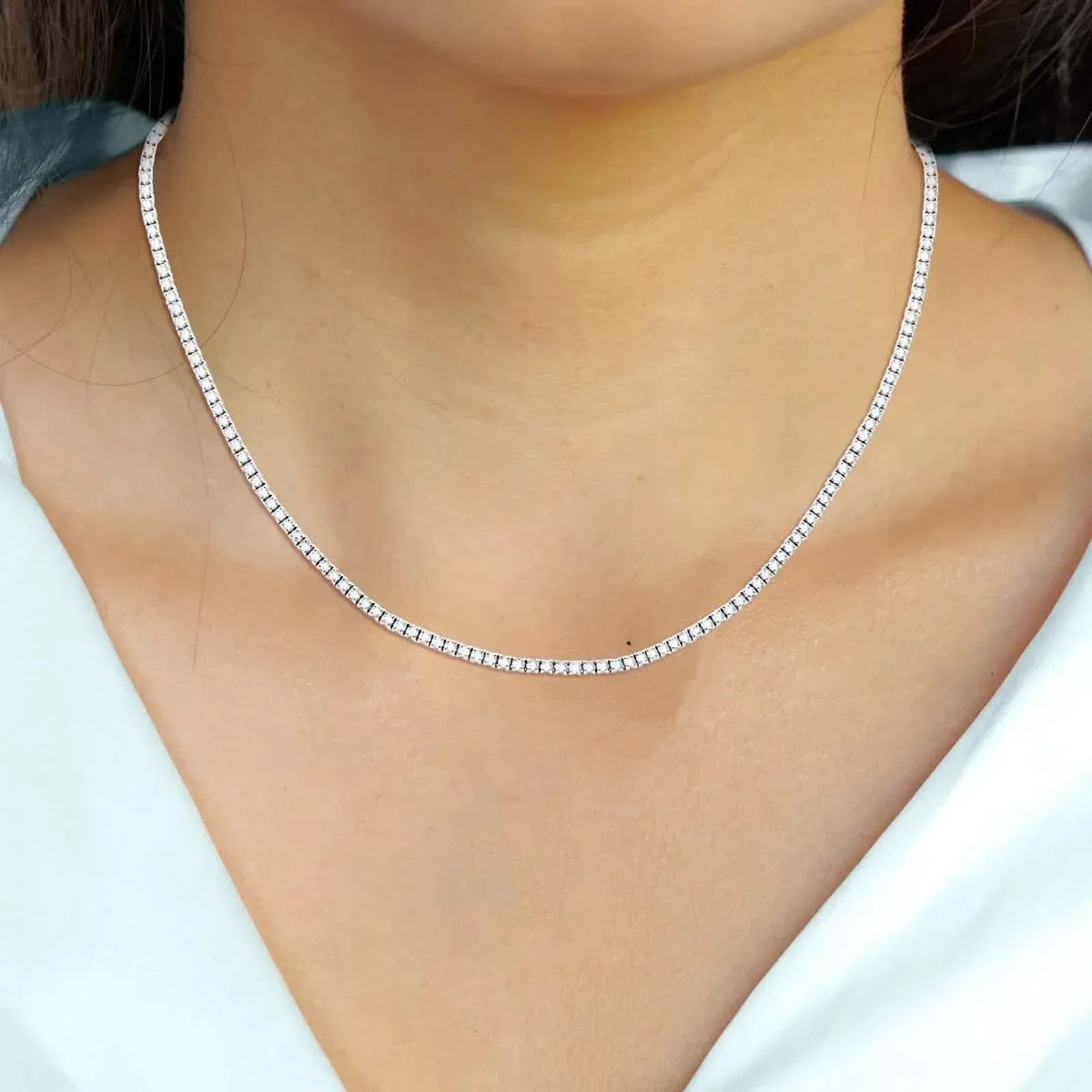 Ct Round Certified Lab Grown Diamond 14K Solid Gold Women’s Tennis Necklace (18") - A-1 Thread Vault