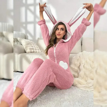 Cute Bunny Fuzzy Hooded Night Jumpsuit - A-1 Thread Vault