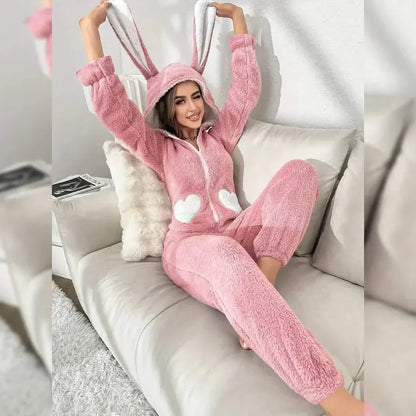 Cute Bunny Fuzzy Hooded Night Jumpsuit - A-1 Thread Vault