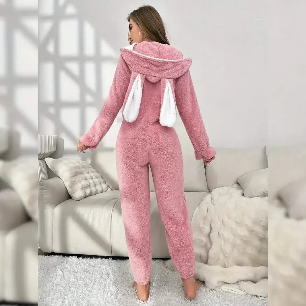 Cute Bunny Fuzzy Hooded Night Jumpsuit - A-1 Thread Vault