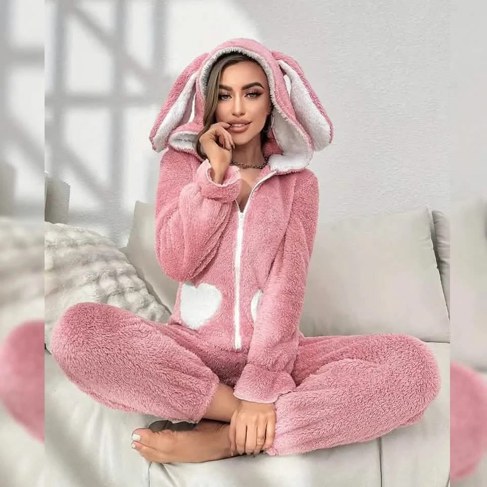 Cute Bunny Fuzzy Hooded Night Jumpsuit - A-1 Thread Vault