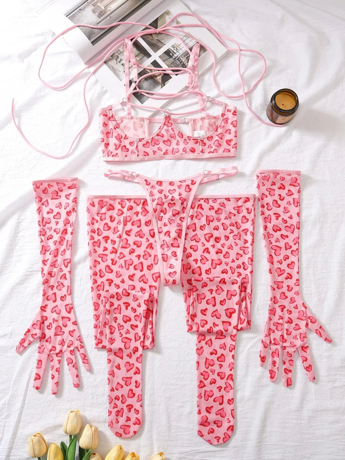 Cute Pink Leopard Print Bra Brief Set Women Hollow Out Lace Up Bandage Cross Underwire Garters Thongs Glove Costume Intimate Set - A-1 Thread Vault