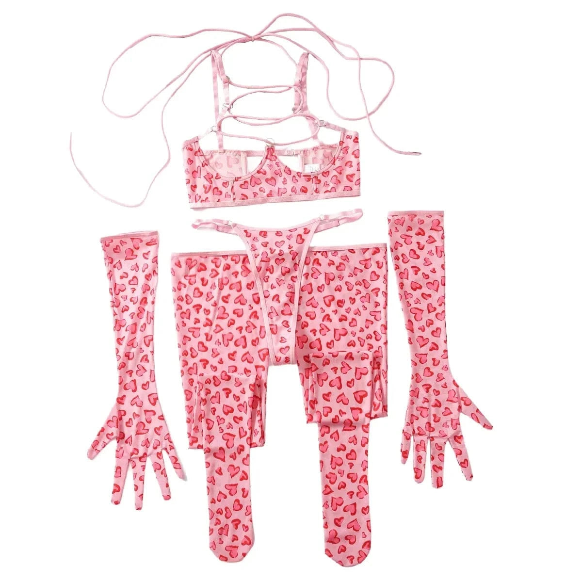 Cute Pink Leopard Print Bra Brief Set Women Hollow Out Lace Up Bandage Cross Underwire Garters Thongs Glove Costume Intimate Set - A-1 Thread Vault