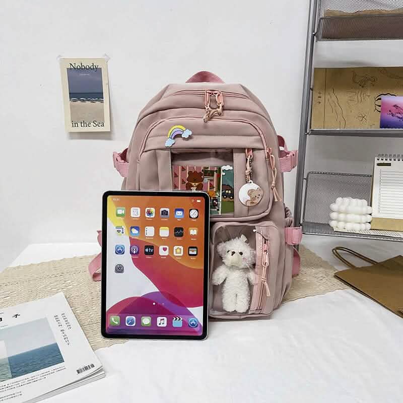 Cute Waterproof Multi-Pocket Women Backpacks with Bear Doll - A-1 Thread Vault