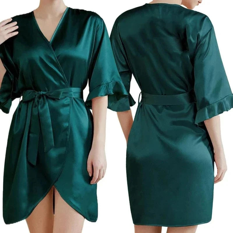 Dark Green Satin Team Bride Bridesmaid Robe Ruffle Wedding Bathrobe Gown Women Dressing Sleepwear Mother Maid of Honor Kimono - A-1 Thread Vault