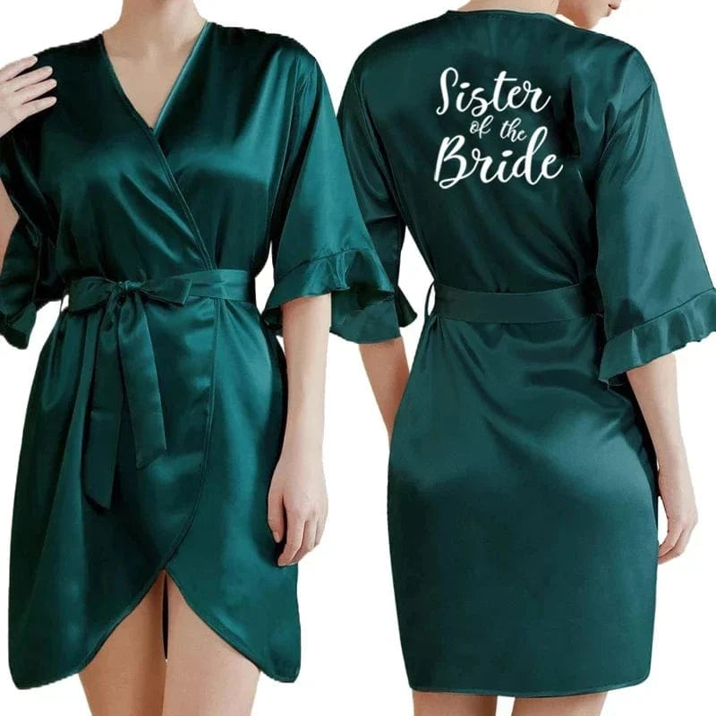 Dark Green Satin Team Bride Bridesmaid Robe Ruffle Wedding Bathrobe Gown Women Dressing Sleepwear Mother Maid of Honor Kimono - A-1 Thread Vault