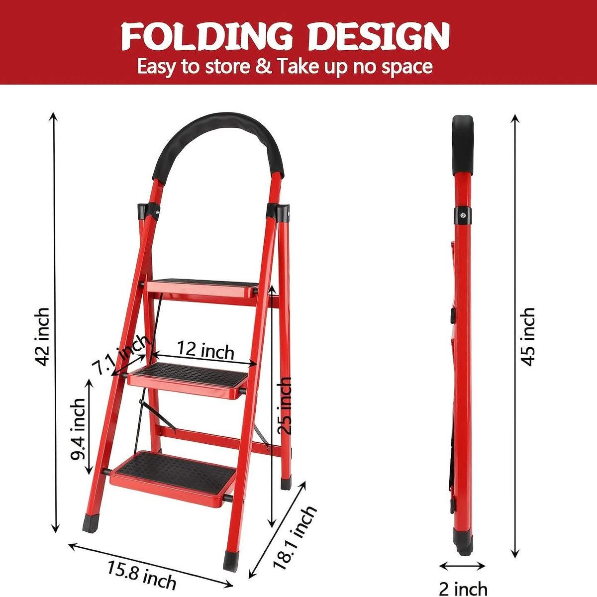 Folding 3/4-Step Ladder – Portable Steel Step Stool, Anti-Slip - A-1 Thread Vault