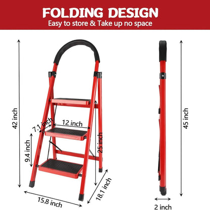 Folding 3/4-Step Ladder – Portable Steel Step Stool, Anti-Slip - A-1 Thread Vault