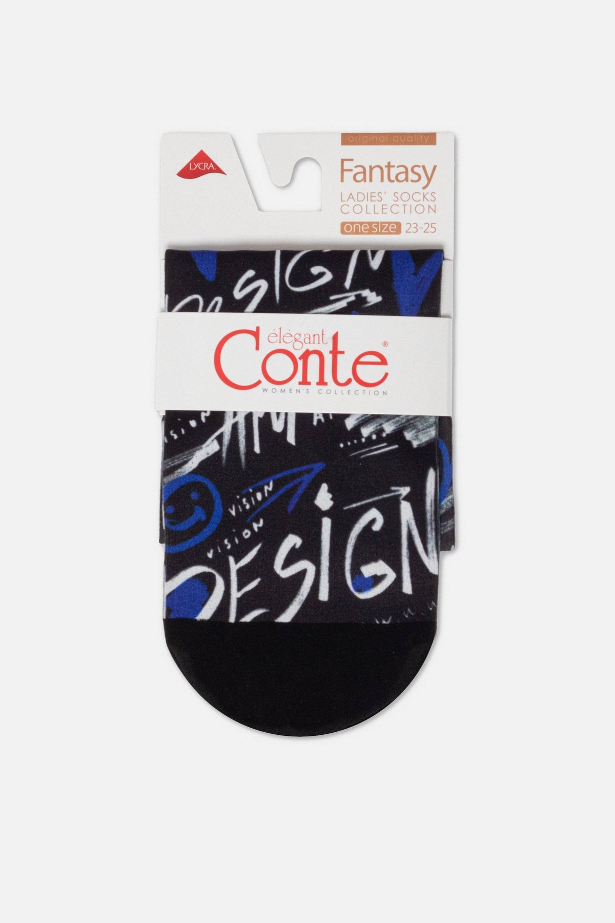 A pair of black ankle socks featuring a white and blue graffiti-style graphic print that includes the word design, held together by a branded paper band on a retail display card.