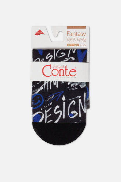 A pair of black ankle socks featuring a white and blue graffiti-style graphic print that includes the word design, held together by a branded paper band on a retail display card.
