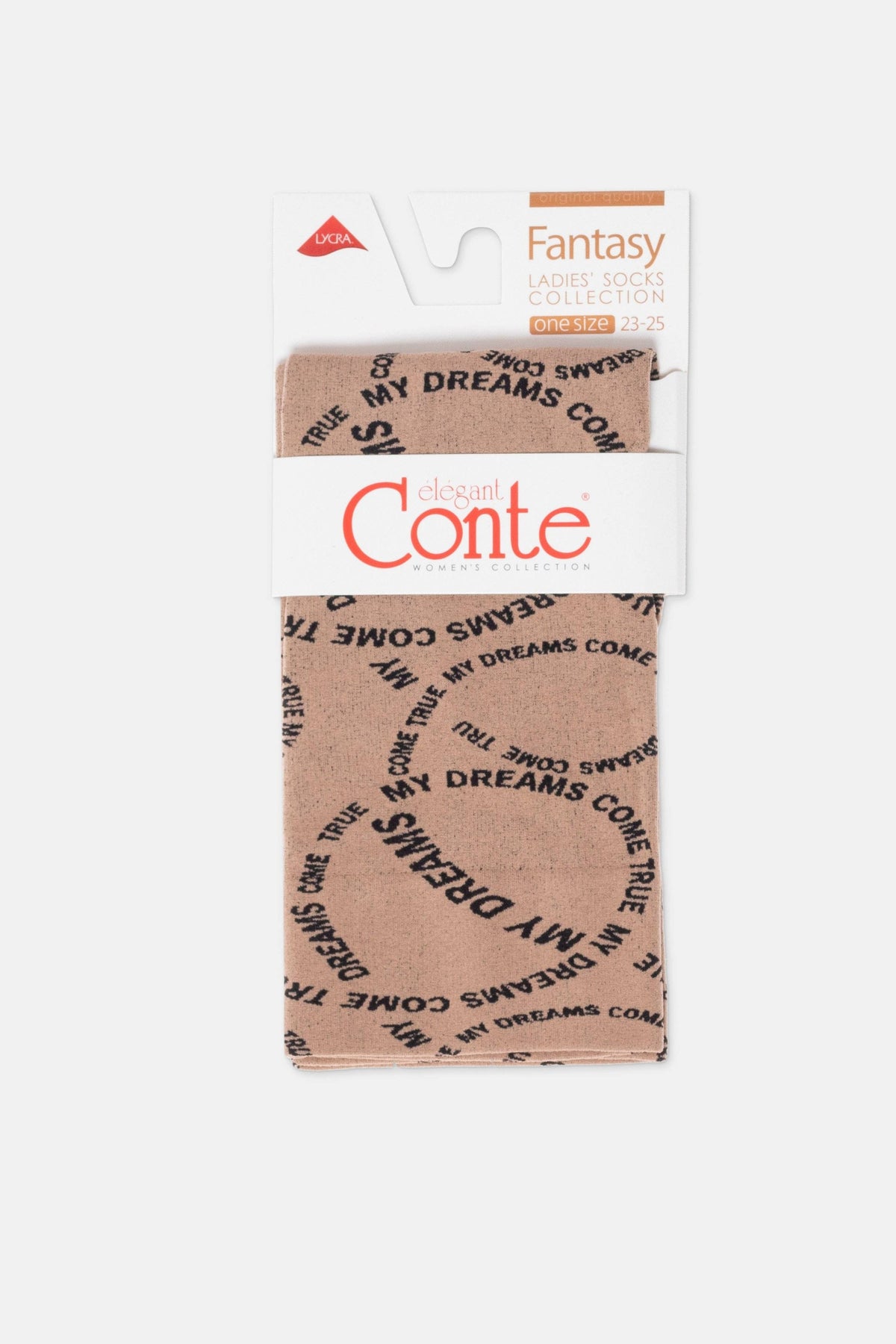 A pair of folded, light brown women's socks in packaging featuring a repeated circular print of the words "MY DREAMS COME TRUE" in black text.