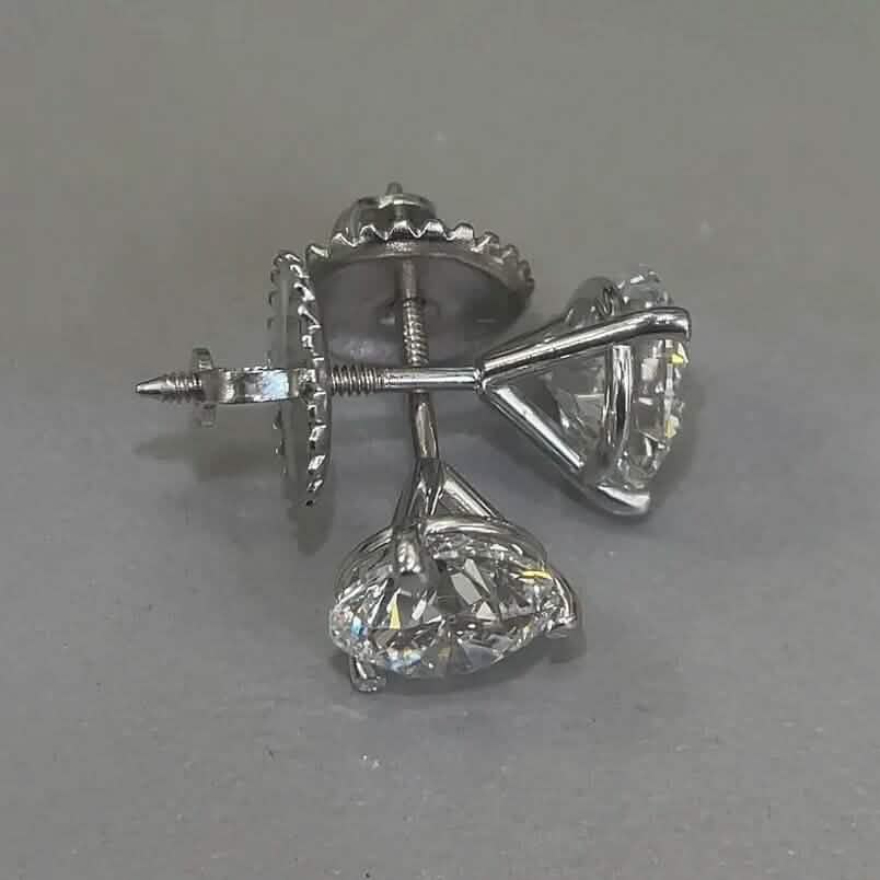 Diamond Stud Earrings F VS2 Round 4 Carat Lab Created 14K White Gold Screw Back - A-1 Thread Vault