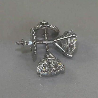 Diamond Stud Earrings F VS2 Round 4 Carat Lab Created 14K White Gold Screw Back - A-1 Thread Vault