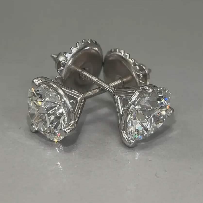 Diamond Stud Earrings F VS2 Round 4 Carat Lab Created 14K White Gold Screw Back - A-1 Thread Vault
