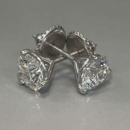Diamond Stud Earrings F VS2 Round 4 Carat Lab Created 14K White Gold Screw Back - A-1 Thread Vault