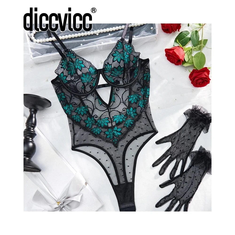 Diccvicc Elegant Women's Body with Gloves See Through Floral Lace Sexy Bodysuit Lingerie Intimate Underwear Set Female Clothing - A-1 Thread Vault