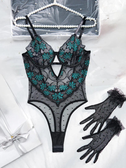Diccvicc Elegant Women's Body with Gloves See Through Floral Lace Sexy Bodysuit Lingerie Intimate Underwear Set Female Clothing - A-1 Thread Vault