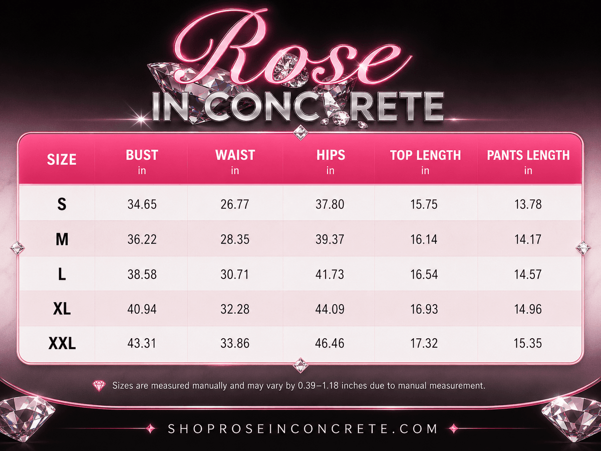 A size chart for clothing shows measurements in inches for bust, waist, hips, top length, and pants length across five sizes ranging from S to XXL against a black background with pink accents and diamond graphics.