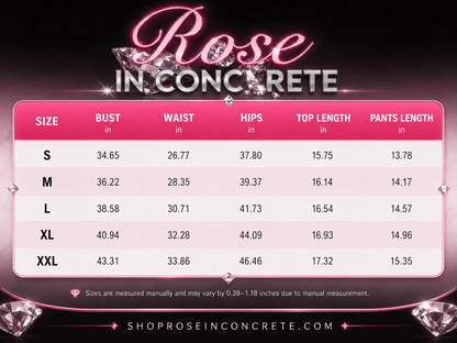 A size chart for clothing shows measurements in inches for bust, waist, hips, top length, and pants length across five sizes ranging from S to XXL against a black background with pink accents and diamond graphics.