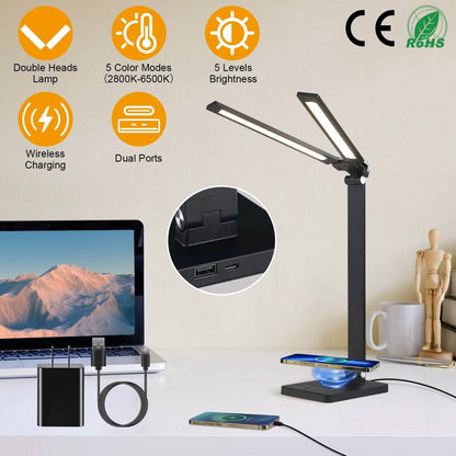 Double Head Desk Lamp with Wireless Charging USB Port - A-1 Thread Vault